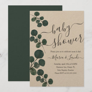 Watercolor-Eukalyptus-Grün-Baby-Shower-Kraft Einladung