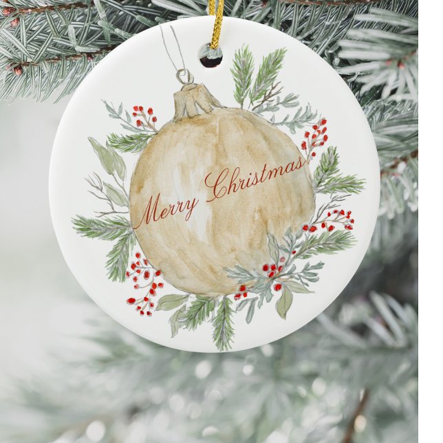 Watercolor Evergreen Golden Weihnachten Keramik Ornament (Von Creator hochgeladen)