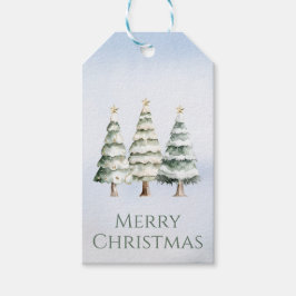 Watercolor Evergreen Trees with Gold Stars on Blue Geschenkanhänger