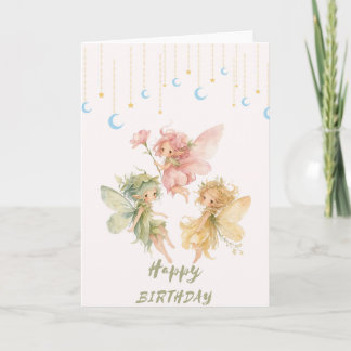 Watercolor Fairy Trio Happy Birthday Card - Celest Karte