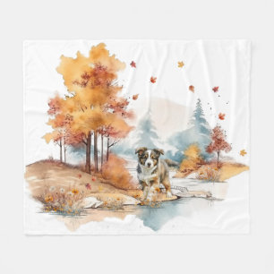 Watercolor Fall Dog Design - Australian Shepherd Fleecedecke