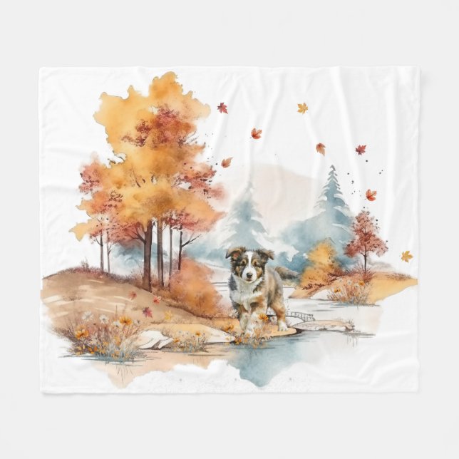 Watercolor Fall Dog Design - Australian Shepherd Fleecedecke (Vorderseite (Horizontal))
