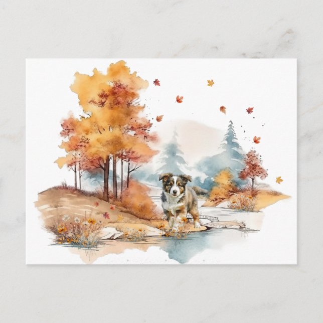 Watercolor Fall Dog Design - Australian Shepherd Postkarte (Vorderseite)