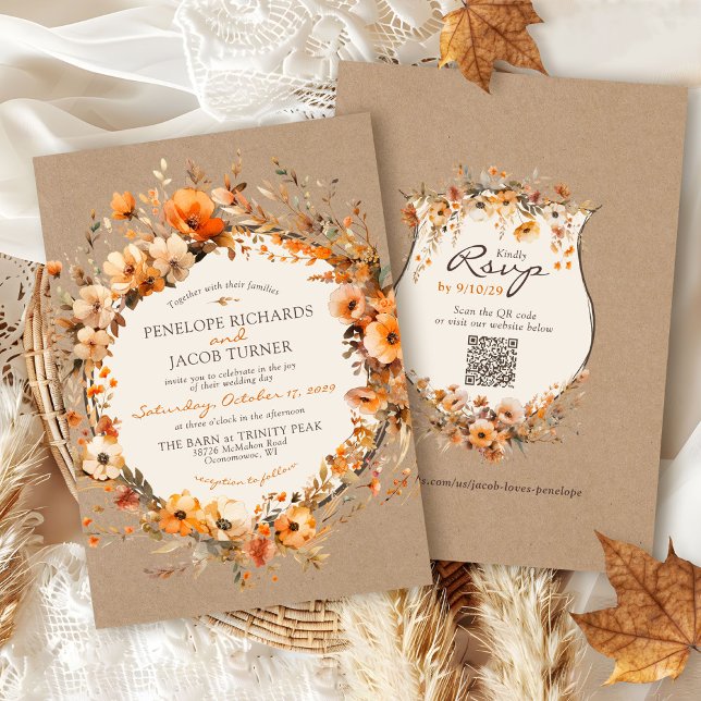 Watercolor Fall Floral Rustic Kraft Autumn Wedding Einladung (Elegant Fall floral rustic kraft modern watercolor flowers boho chic Autumn ivory wedding invitation)