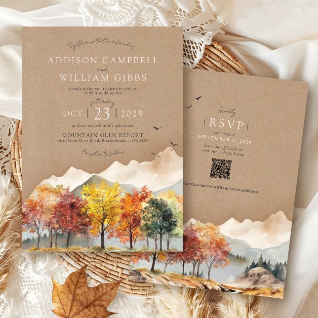 Watercolor Fall Tree Mountain Rustic Kraft Wedding Einladung (Rustic kraft elegant Fall Trees watercolor forest mountain landscape QR code wedding invitation)