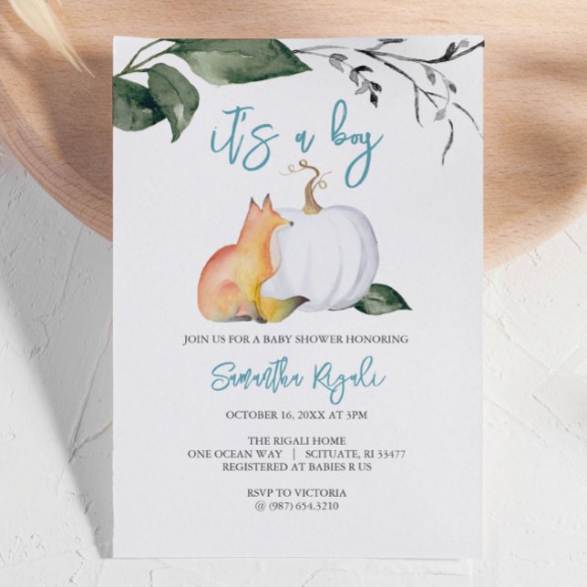 Watercolor Fall Woodland Baby Boy Dusche Einladung (Autumn-themed baby shower invites woodland fox and white pumpkin boy Design by Victoria Grigaliunas)