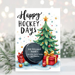Watercolor Familienname Hockey Weihnachtskarte Feiertagskarte<br><div class="desc">Niedliche Aquarellhockey Weihnachtskarte mit dem Text Happy Hockey Days und Ihrem Familiennamen und individuellen Namen.</div>