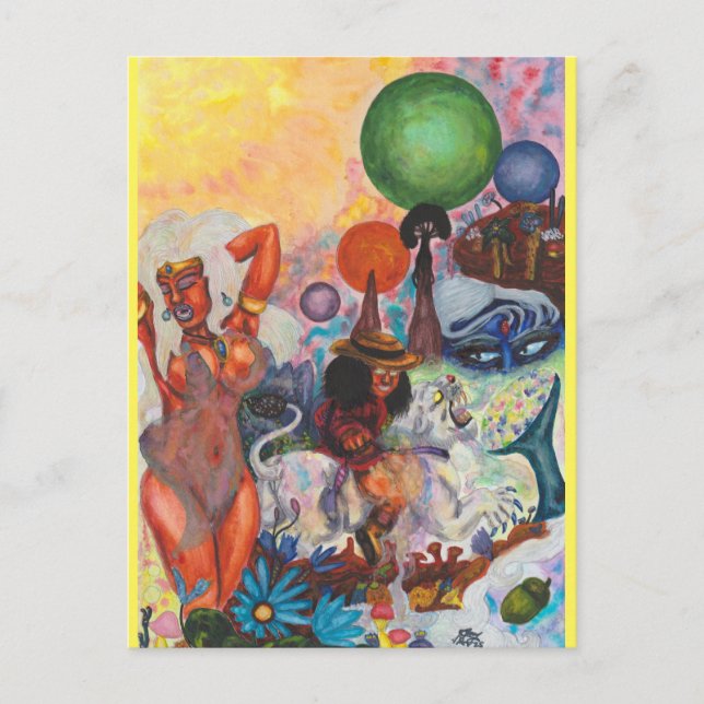 Watercolor Fantasy Eros rides white Lioness Woman Postkarte (Vorderseite)