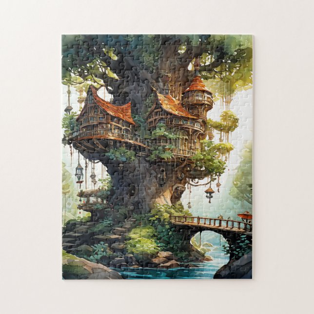 Watercolor Fantasy whimsisisches Wald Puzzle (Vertikal)