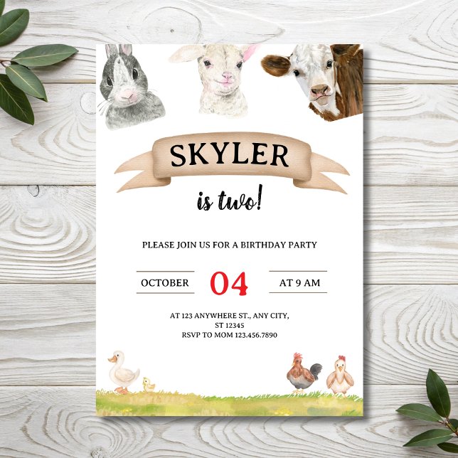 Watercolor Farm Friends Skyler is Two 2nd Birthday Einladung (Watercolor Farm Friends Skyler is Two 2nd Birthday Invitation
)
