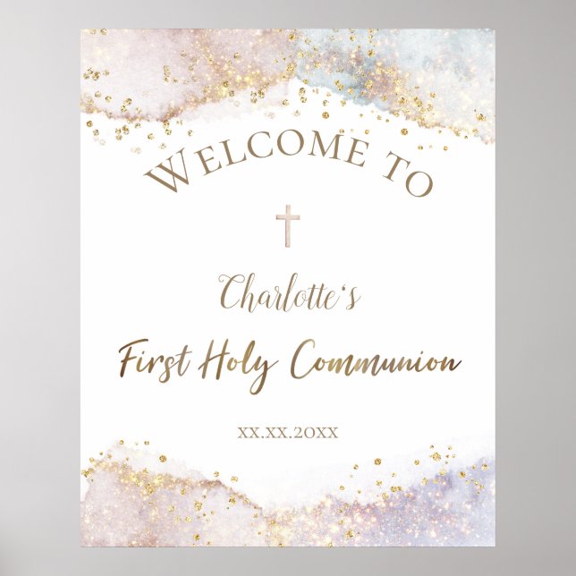 watercolor faux glitter First Communion welcome  Poster (Vorne)