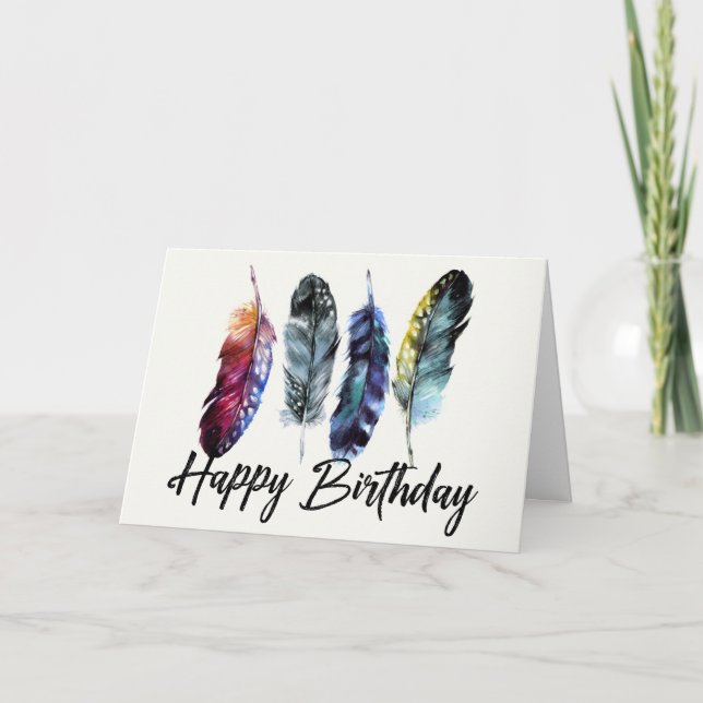 Watercolor Feathers Boho Happy Birthday Karte (Vorderseite)