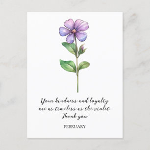 WATERCOLOR FEBRUARY VIOLET GEBURT BLUME DANKEN POSTKARTE