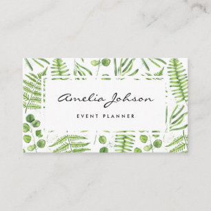 Watercolor Ferns and Eucalyptus Pattern Script Visitenkarte