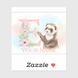 Watercolor Ferret with Floral Letter E Monogram Aufkleber