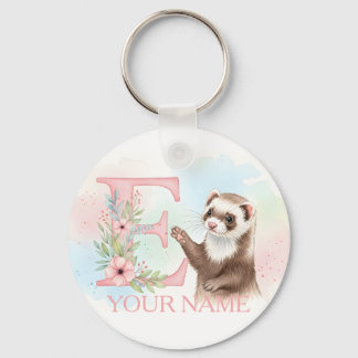 Watercolor Ferret with Floral Letter E Monogram Schlüsselanhänger