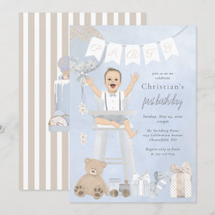 Watercolor First Birthday Baby auf dem Highstuhl Einladung