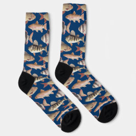 Watercolor fish pattern on dark blue socken