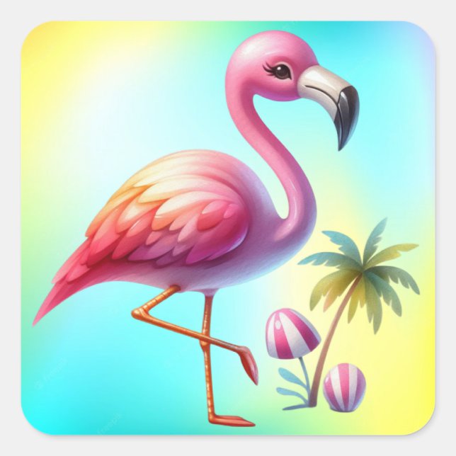 Watercolor Flamingo Cartoon Clipart Quadratischer Aufkleber (Vorderseite)