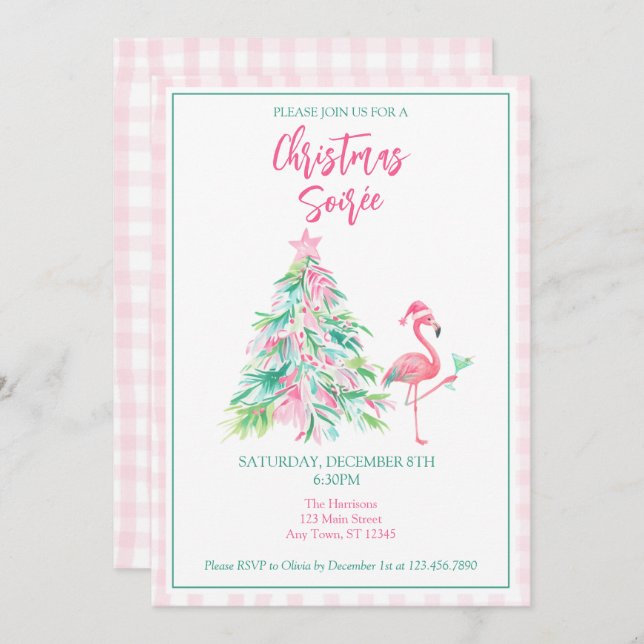 Watercolor Flamingo Christmas Soirée Invitation Einladung (Vorne/Hinten)
