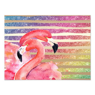 Watercolor-Flamingo-Glitzer-Goldstreifen Fotodruck