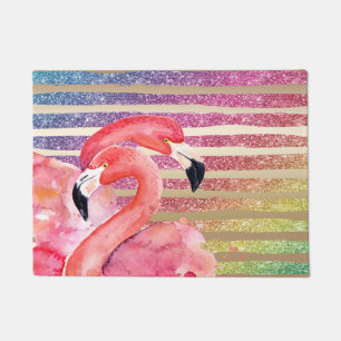Watercolor-Flamingo-Glitzer-Goldstreifen Fußmatte