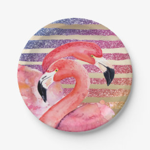Watercolor-Flamingo-Glitzer-Goldstreifen Pappteller