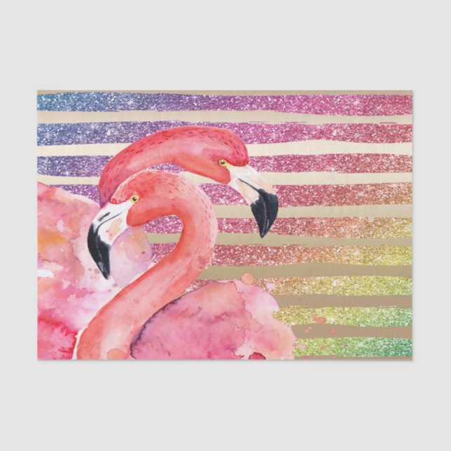 Watercolor-Flamingo-Glitzer-Goldstreifen Seidenpapier (Vorderseite)