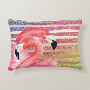 Watercolor-Flamingo-Glitzer-Goldstreifen Zierkissen