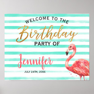 Watercolor Flamingo Gold Geburtstag   Begrüßungsze Poster