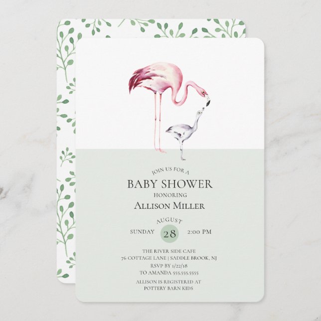 Watercolor Flamingo Kinderdusche Einladung (Vorne/Hinten)