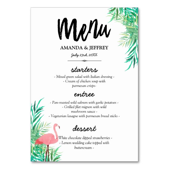 Watercolor Flamingo & Palm Blätter Wedding Menu Tischnummer (Vorderseite)