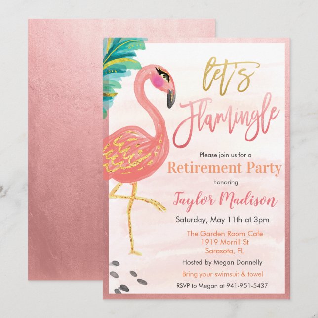 Watercolor Flamingo Retirement Party Einladung (Vorne/Hinten)