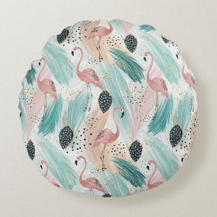 Watercolor Flamingo Tropisches Muster Rundes Kissen
