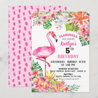 Watercolor Flamingo und Tropical Floral Geburtstag Einladung