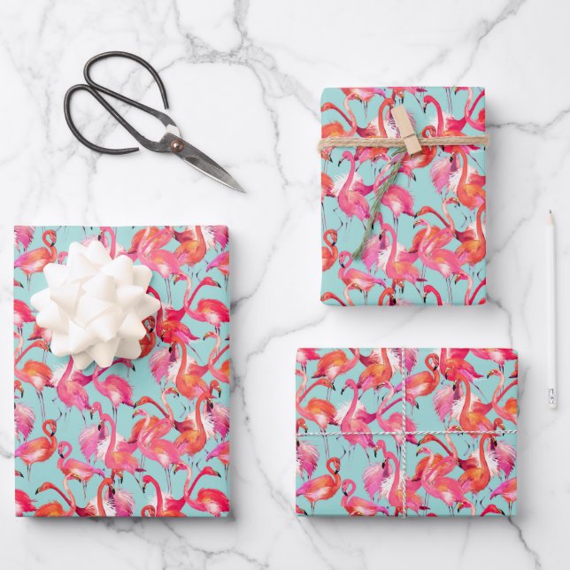 Watercolor Flamingos Gathered Geschenkpapier Set (Vorderseite)