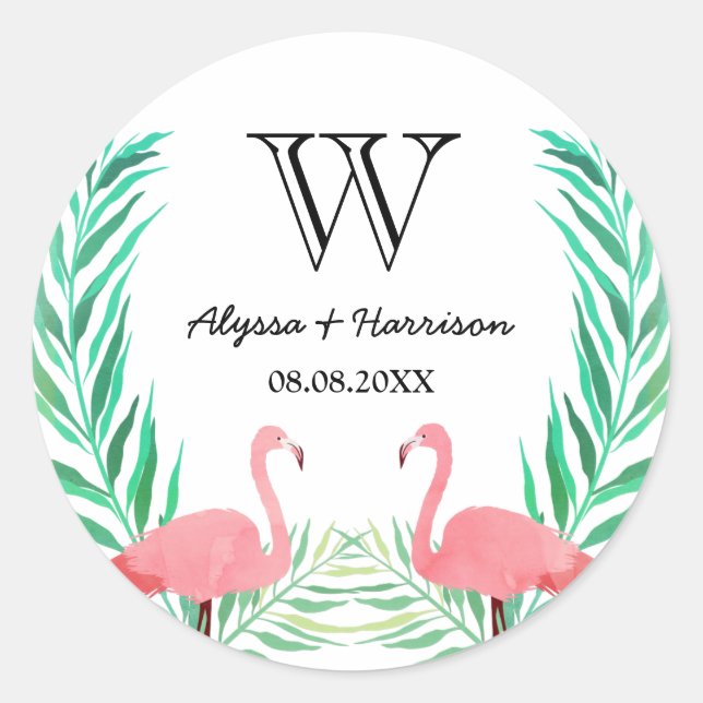 Watercolor Flamingos Palm Blätter Wedding Monogram Runder Aufkleber (Vorderseite)