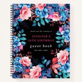 Watercolor Floral 30. Geburtstag Gästebuch Schwarz Notizbuch