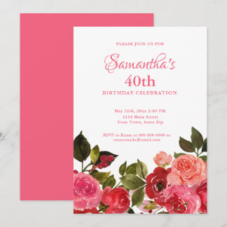 Watercolor Floral 40th Birthday Party Invitation Einladung