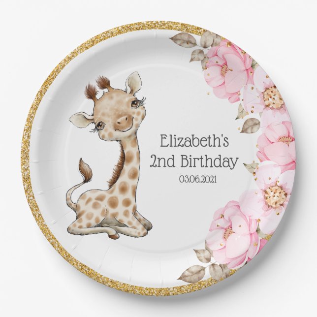 Watercolor Floral Baby Giraffe Peony Birthday Papa Pappteller (Vorderseite)