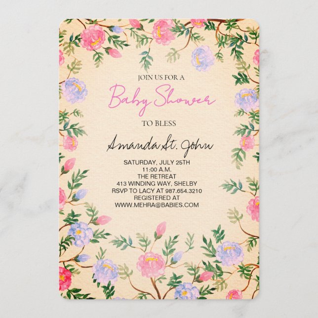 Watercolor Floral Baby Shower Invitation Einladung (Vorderseite)
