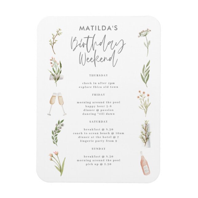 Watercolor floral birthday weekend itinerary magnet (Vertikal)