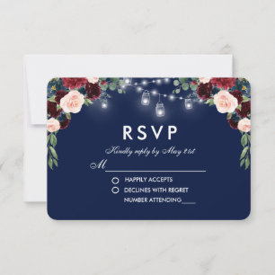 Watercolor Floral Blue Burgundy Jars Wedding RSVP Karte