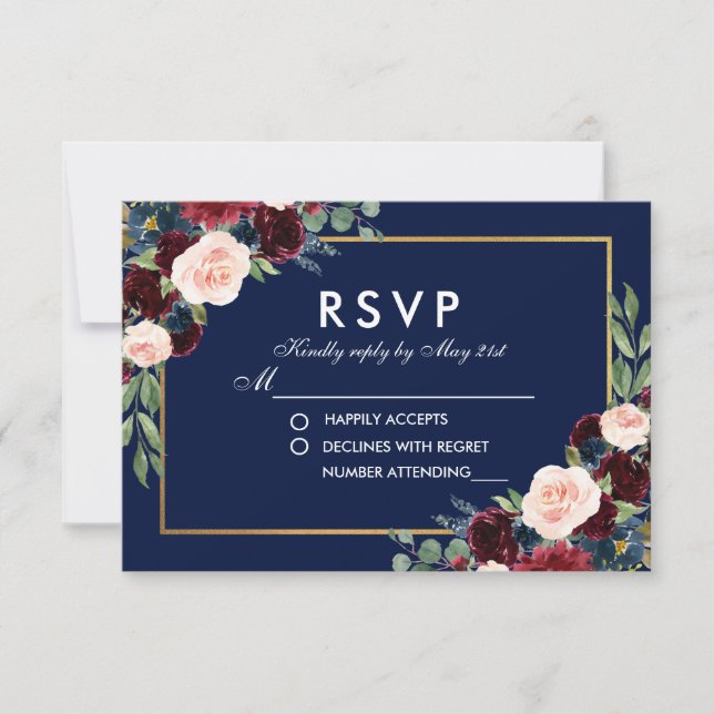 Watercolor Floral Blue Burgundy Wedding RSVP (Vorderseite)