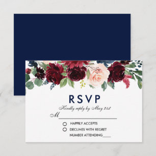 Watercolor Floral Blue Burgundy Wedding RSVP B