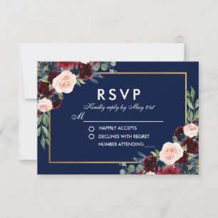 Watercolor Floral Blue Burgundy Wedding RSVP Karte