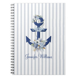 watercolor floral blue nautical stripes name  notizblock