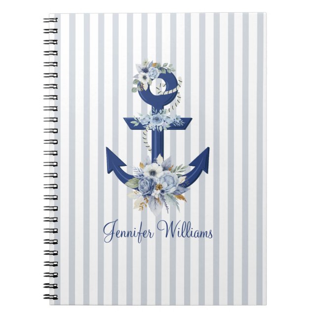 watercolor floral blue nautical stripes name  notizblock (Vorderseite)