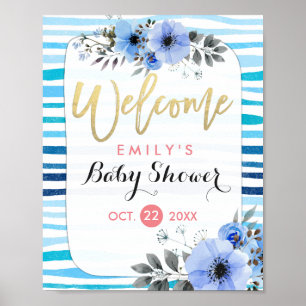 Watercolor Floral Blue Stripes Baby Shower Welcome Poster