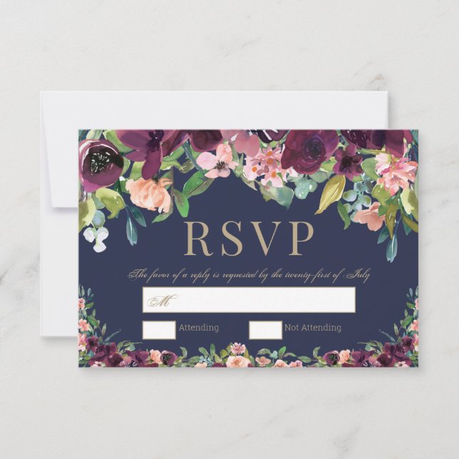 Watercolor Floral Boho Marine Wedding RSVP (Vorderseite)